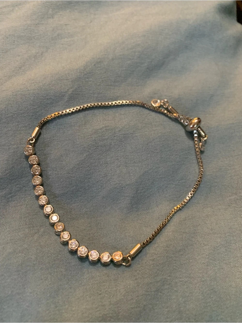 Silver-Tone Crystal Station Adjustable Bolo Bracelet with Box Chain